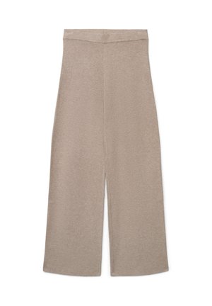 Pantalon en maille beige à jambes larges, taille haute et devant sans couture, présenté à plat sur fond blanc.