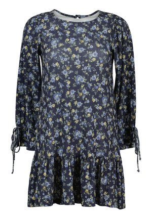 Een bloemenprint jurk in marineblauw met lange puffmouwen, een gerimpelde zoom en strikdetails bij de manchet. Gemaakt van lichtgewicht stof, met blauwe en gele bloemen.