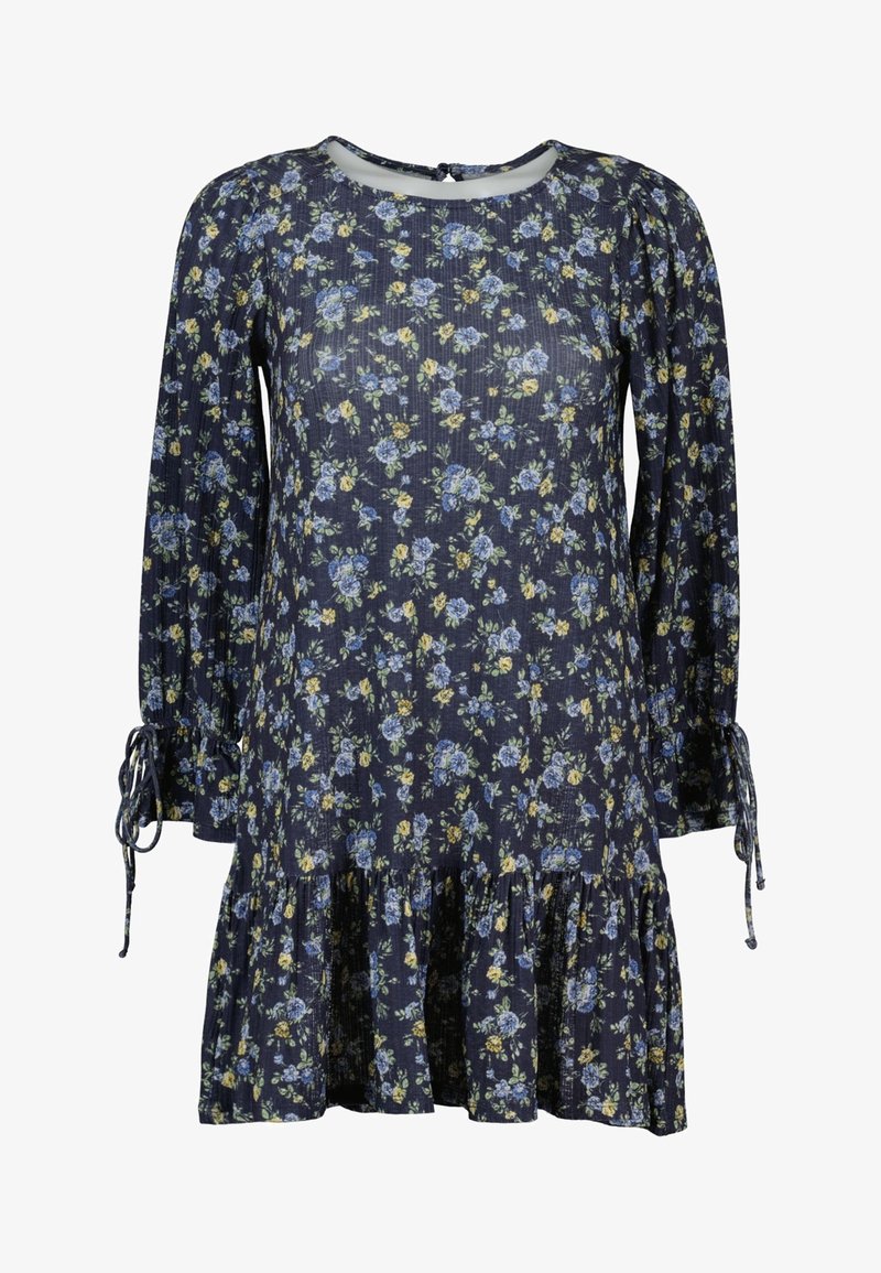Námořnické šaty s květinovým potiskem, dlouhými nabíranými rukávy, volánkovým lemem a mašličkami na manžetách. Vyrobené z lehkého materiálu, s modrými a žlutými květinami.