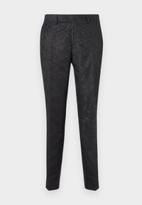 Black trousers with an intricate tonal floral pattern, slim fit, flat front, and smooth fabric texture. Features belt loops and side pockets.