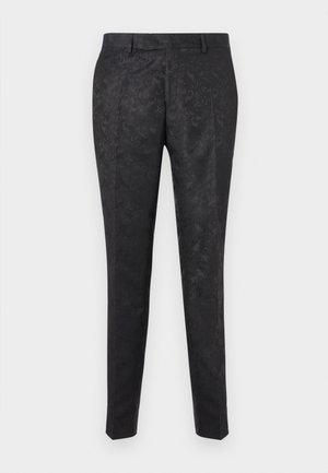 Black trousers with an intricate tonal floral pattern, slim fit, flat front, and smooth fabric texture. Features belt loops and side pockets.