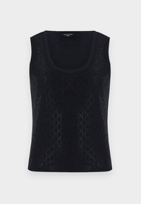 Svart tanktop med rund hals, med et teksturert mønster av små geometriske former og subtil glans. Stoffet er lett og glatt.