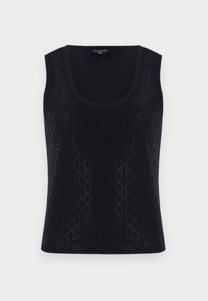 Črn top z izrezom, ki ima teksturiran vzorec malih geometrijskih oblik in subtilen sijaj. Tkanina je lahka in gladka.