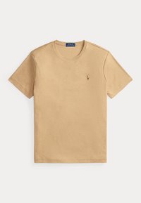 Beežika lühikeste varrukatega ümara kaelusega T-särk, millel on vasakul rinnal väike Polo Ralph Laureni tikand.