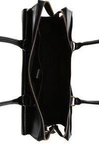 Czarna skórzana torebka z złotym zamkiem błyskawicznym, podwójnymi uchwytami oraz otwartym wnętrzem. Proste krawędzie i gładka faktura bez widocznych przegródek.