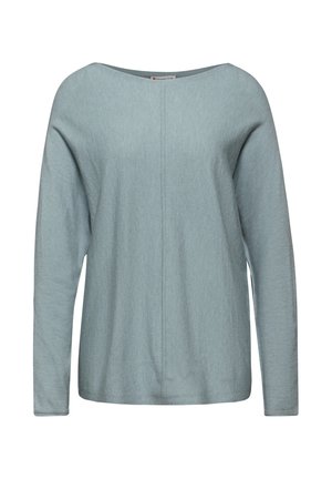 Helles blaus, langärmliges Hemd mit einem Bootsausschnitt, weicher Textur, lockerer Passform und einer zentralen Nahtdetails auf der Vorderseite.