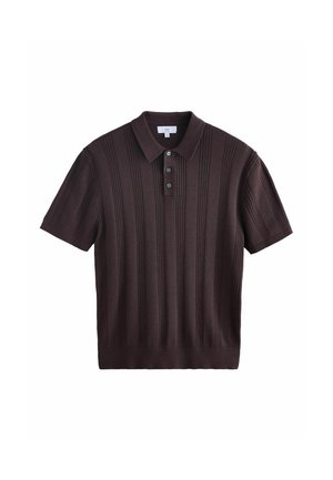 Mørkebrunt kortærmet poloshirt med vertikal ribstruktur og tre sorte knapper på stolpen.