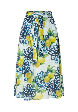 White midi skirt with blue floral and yellow lemon print, high waist, and matching belt tied at the front.