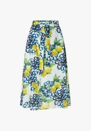 Jupe midi blanche avec imprimé floral bleu et citron jaune, taille haute, avec ceinture assortie nouée à l'avant.