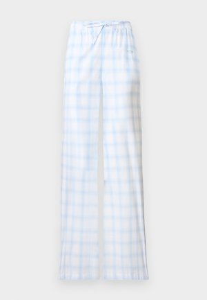 Light blue and white plaid pajama pants with elastic waistband and drawstring, displayed on a plain white background.