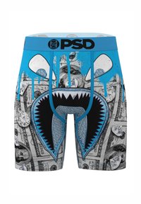 Boxer briefs with a blue waistband featuring a shark mouth design. The body displays a dollar bill pattern with diamond accents and drips.