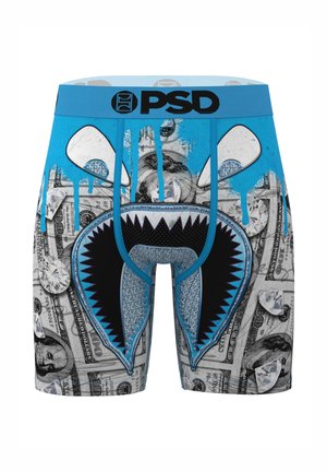 Boxershorts mit einem blauen Bund, der ein Hai-Mund-Design zeigt. Der Stoff ist mit einem Muster aus Dollarnoten, Diamantenakzenten und Tropfen bedruckt.