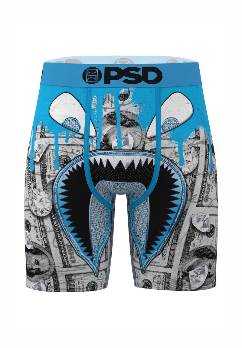 Boxer briefs with a blue waistband featuring a shark mouth design. The body displays a dollar bill pattern with diamond accents and drips.