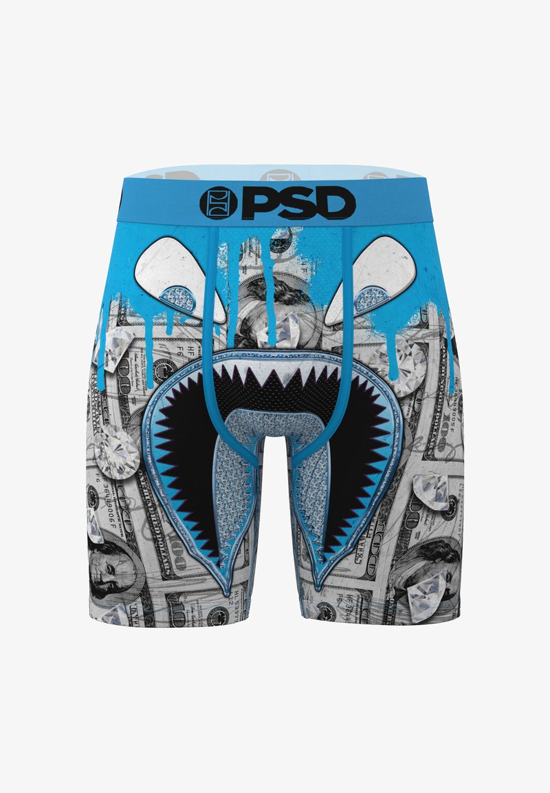 Boxershorts mit einem blauen Bund, der ein Hai-Mund-Design zeigt. Der Stoff ist mit einem Muster aus Dollarnoten, Diamantenakzenten und Tropfen bedruckt.