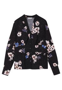 Black long-sleeve blouse with floral pattern in pink, white, and blue. Features a button-up front and pocket. Textured fabric.