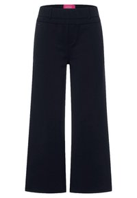 Black wide-leg trousers with a flat waistband, made of a smooth fabric. Features side pockets and a logo tag on the waistband's left side.