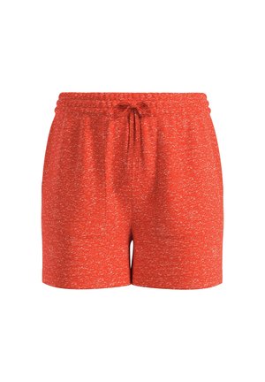 Rød-orange strikkede shorts med hvidt pletteret mønster og foran snøre ved den elastiske talje mod en hvid baggrund.