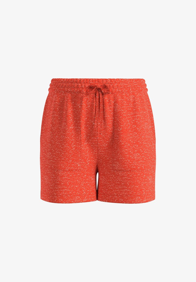 Shorts en tricot rouge-orange avec motif moucheté blanc et cordon à l'avant à la taille élastique sur fond blanc.