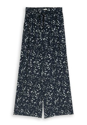 Marineblaue Hosen mit weitem Bein, weißen verstreuten abstrakten Flecken und einem vorne gebundenen Gürtel in der Taille.