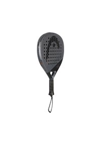 Schwarze Padel-Schläger mit einer perforierten Fläche, strukturiertem Griff und einem auffälligen Logodesign. Verfügt über einen konischen Griff und einen Handgelenkriemen zur Unterstützung.