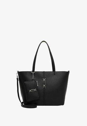 Zwarte getextureerde leren totebag met twee handvatten, een afneembare schouderriem en een bijpassend ritstasje bevestigd aan een zilveren ketting.