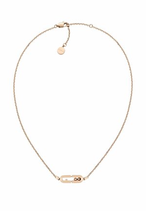 Õrn roosakuldne kett-kaelakee unikaalse ovaalse kujuga kinnitusdetailiga, millel on kaks väikest omavahel ühendatud palli ja reguleeritav silt.