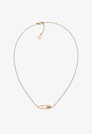 Jautrus rožinio aukso grandinėlės kaklo papuošalas su unikaliu ovalo formos užsegimu, kuriame yra dvi mažos tarpusavyje susijusios rutuliukai ir reguliuojama etikete.