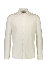 Camicia da uomo in cotone crema con maniche lunghe, colletto button-down e bottoni gialli. Texture liscia, design aderente, stile minimalista.