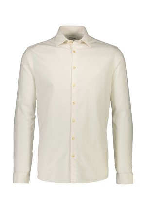 Crème katoenen overhemd met lange mouwen, button-down kraag en gele knopen. Glad textuur, slim-fit ontwerp, minimalistische stijl.