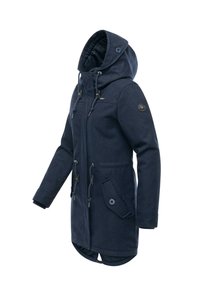 Navy blue parka with a hood, drawstrings, and zip closure. Features front pockets with buttons and a soft, textured fabric.