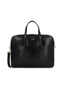 Borsa per laptop in pelle nera con doppio manico superiore e tracolla rimovibile. Presenta una chiusura a zip e una tasca frontale. Dettaglio del logo dorato.