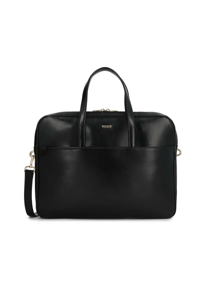 Borsa per laptop in pelle nera con doppio manico superiore e tracolla rimovibile. Presenta una chiusura a zip e una tasca frontale. Dettaglio del logo dorato.