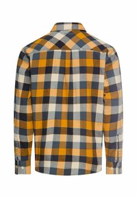 Geruite lange mouwen shirt in oranje, marineblauw en crème kleuren. Voorzien van een button-down kraag en verstelbare manchetten met knoopaccenten.