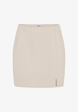 Beige rechte rok met een kleine zijsplit, kniehoogte en een eenvoudige tailleband.