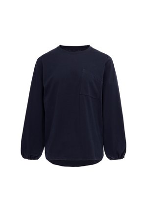Chemise noire à manches longues avec col rond, poignets élastiques et une poche poitrine unique sur le côté gauche sur fond blanc.