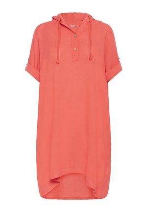 Tunică cu capuz din coral, mâneci scurte, placket cu nasturi, textură moale, croi lejer, tiv rotund, șnururi decorative. Material ușor.