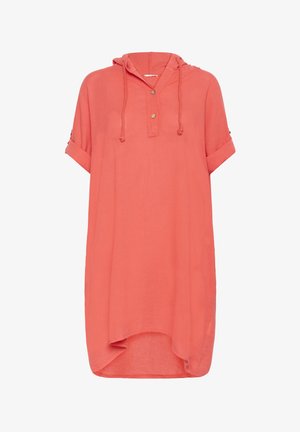 Korálová tunika s kapucňou, krátke rukávy, gombíková léga, mäkká textúra, voľný strih, okrúhly lem, dekoratívne šnúrky. Ľahký materiál.