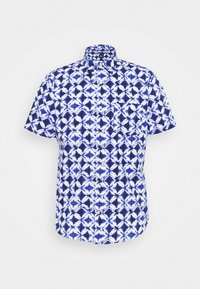Korte mouwen knoopshirt in blauw en wit, met een geometrisch patroon, een borstzak en een klassieke kraag.