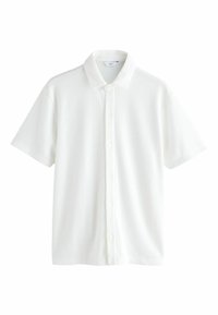 Weißes Kurzarmhemd mit geripptem Stoff, Knopfverschluss und klassischem Kragen. Schlichtes Design ohne sichtbare Muster oder Akzente.