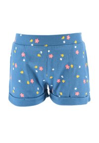 Shorts di cotone blu con un motivo floreale che presenta fiori rosa, gialli e bianchi; ampia vita elastica; orlo arrotolato alle aperture delle gambe.