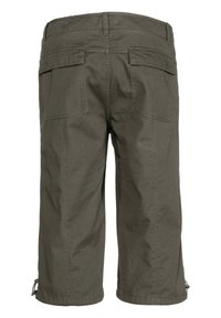 Olivegrüne Cargo-Shorts mit lockerer Passform, zwei Gesäßtaschen und verstellbaren Bündchen. Hergestellt aus strapazierfähigem Stoff mit sichtbaren Nähten.
