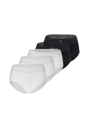 Six culottes taille haute pour femmes en blanc et noir, chacune avec une large ceinture en dentelle, disposées en deux rangées de trois.