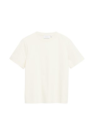 T-shirt blanc uni à manches courtes et col rond, avec une petite étiquette de la marque cousue à l’intérieur de l’encolure.