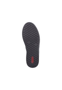 Semelle en caoutchouc grise avec un motif de diamant texturé, arborant un logo rouge au niveau du talon. Forme légèrement arrondie avec une épaisseur uniforme.