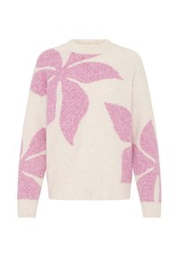 Pull en laine crème avec de grands motifs de feuilles roses pâles. Présente un col rond et des manches longues avec des poignets côtelés. Texture lisse.