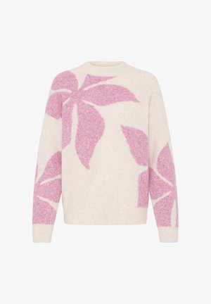 Wollpullover in Creme mit großen, weichen rosa Blattmustern. Mit Rundhalsausschnitt und langen Ärmeln mit gerippten Bündchen. Glatte Textur.