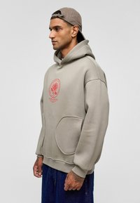 Lichtgrijze hoodie van een katoenmengsel, met een voorzak, een rode rozenafbeelding op de borst en een comfortabele pasvorm.