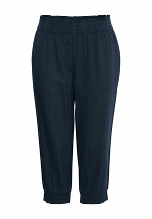 Dark blue cropped trousers made from soft fabric, featuring an elastic waistband and gathered cuffs for a relaxed fit.