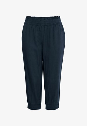 Dark blue cropped trousers made from soft fabric, featuring an elastic waistband and gathered cuffs for a relaxed fit.