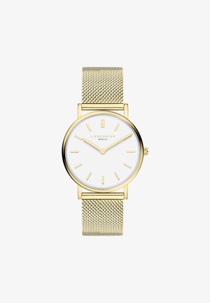 Orologio color oro con cinturino a maglia, caratterizzato da un quadrante rotondo bianco, indici delle ore dorati minimalisti e design snello. Nome del marchio visibile.